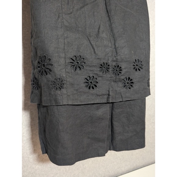 August Silk Black Linen Sheath Dress Women's 10 Short Sleeve Floral Eyelet Hem - Picture 4 of 11